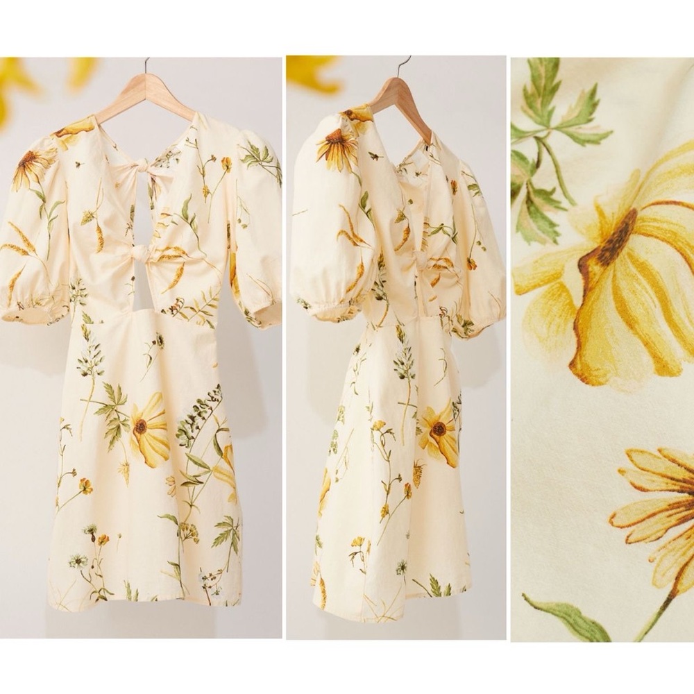 H&M Linen-blend Front knot Mini Dress with Floral Print